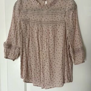 Floral Beige Blouse with Lace Trim
